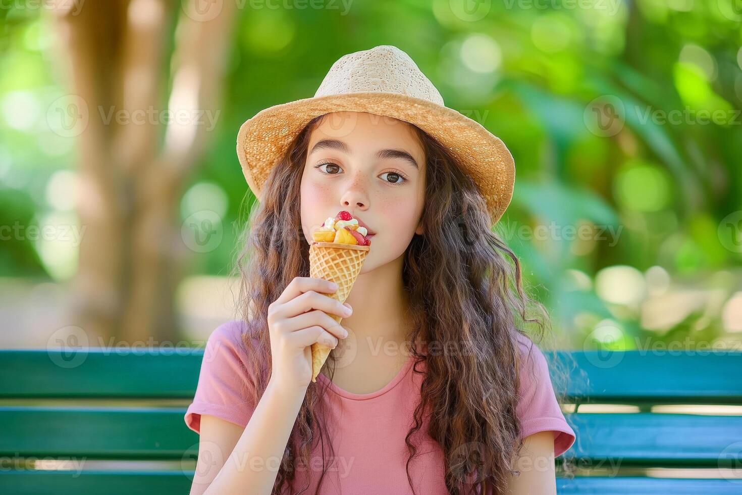 Caucasian girl eating a crispy waffle cone with fresh berries, mango, and whipped cream outdoors photo