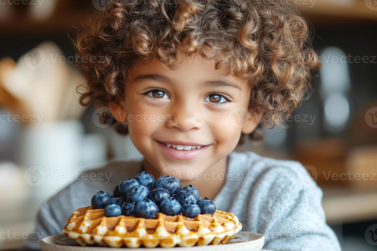 Close-up portrait of a little curly-haired boy with blueberries and waffles photo