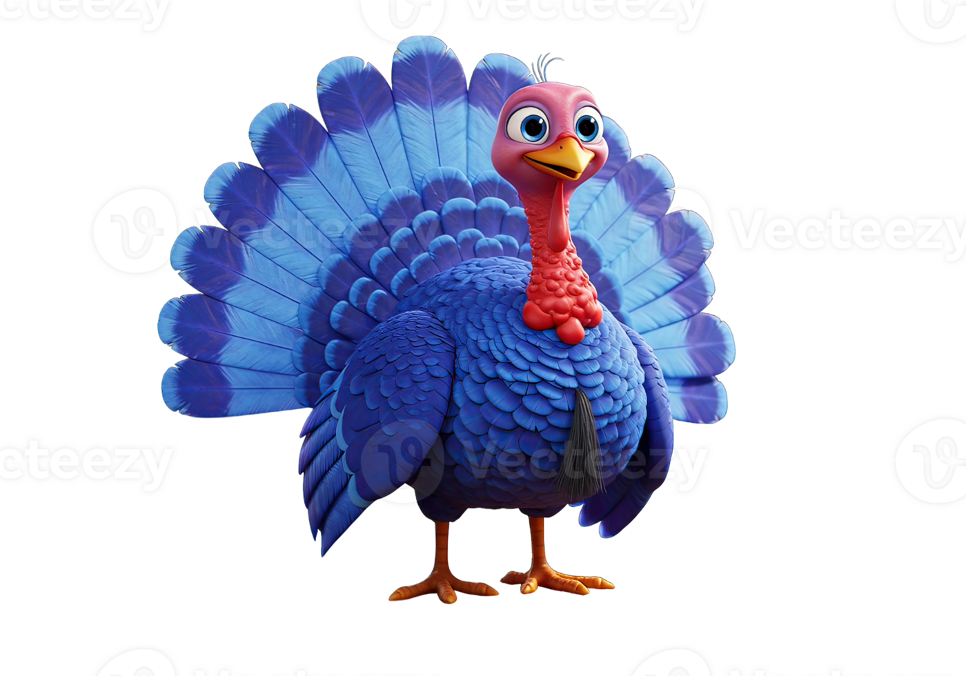 Cartoon Turkey Standing Proudly with Blue Feathers and Red Wattle png