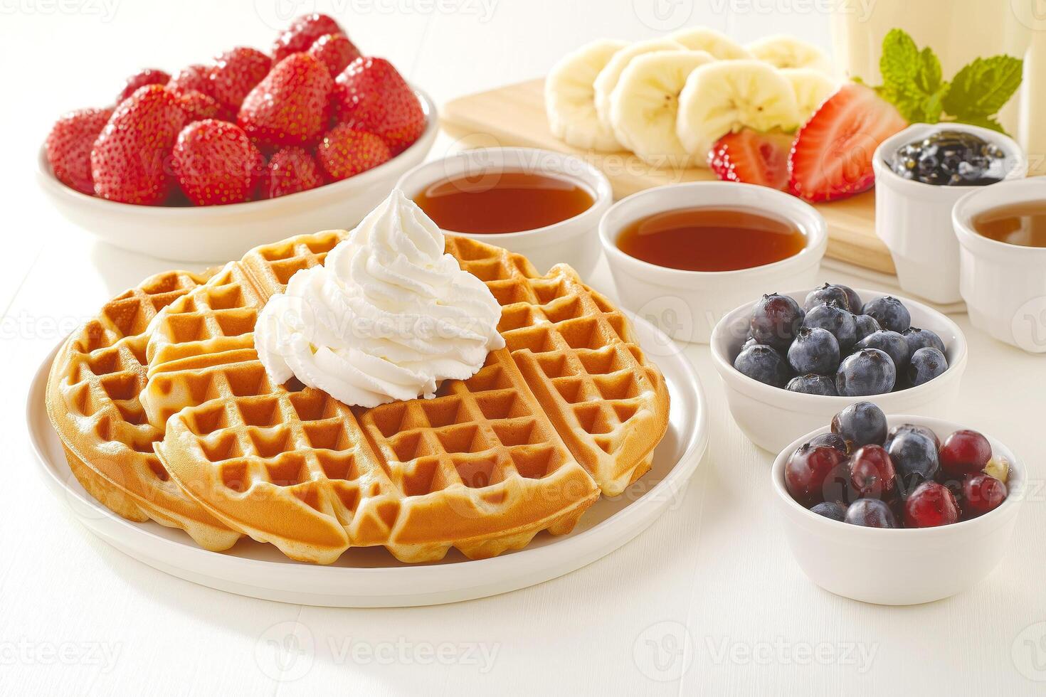 Delicious waffles with strawberries, blueberry, and whipped cream photo