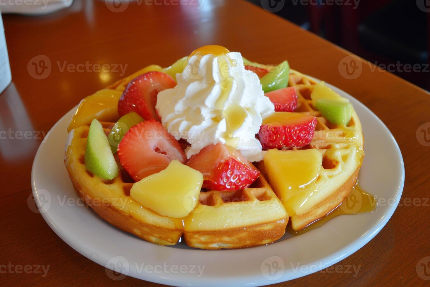 Freshly baked waffles served with fruits photo