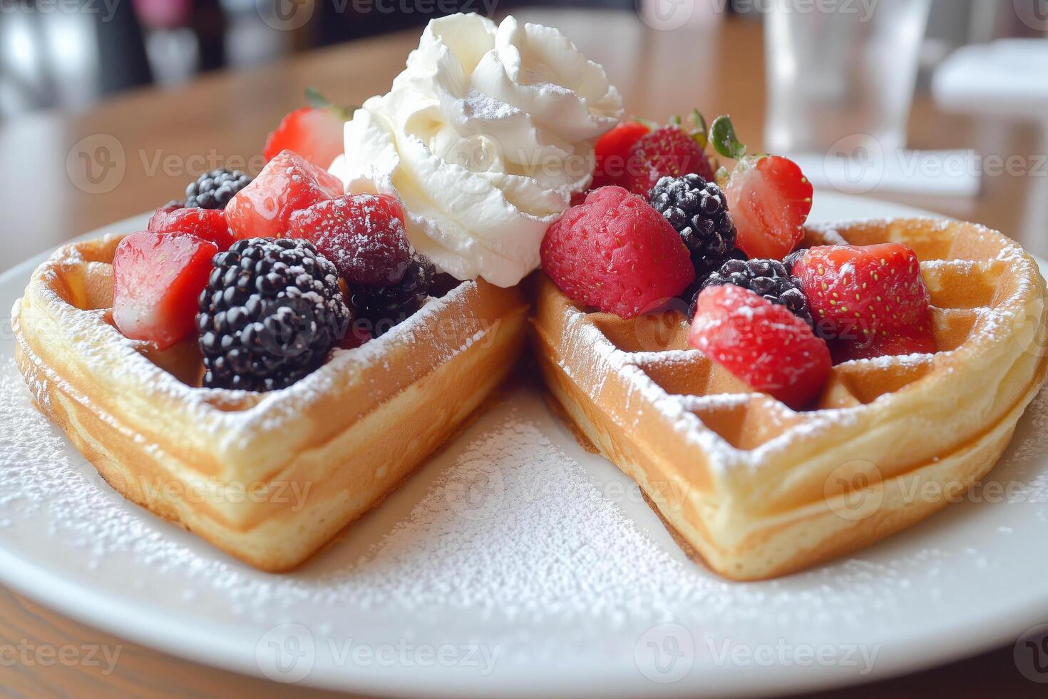 Sweet and crispy heart waffles with blackberry and raspberry photo