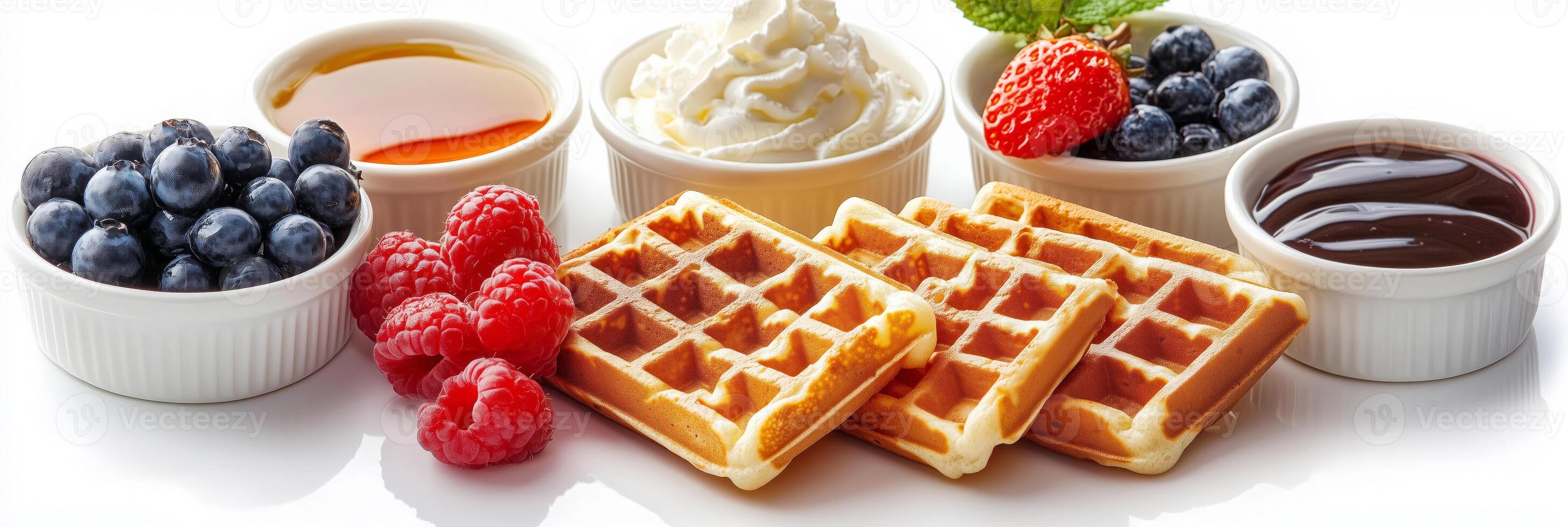 Crispy golden waffles topped with fresh raspberries, strawberries, blueberry and syrup, banner photo
