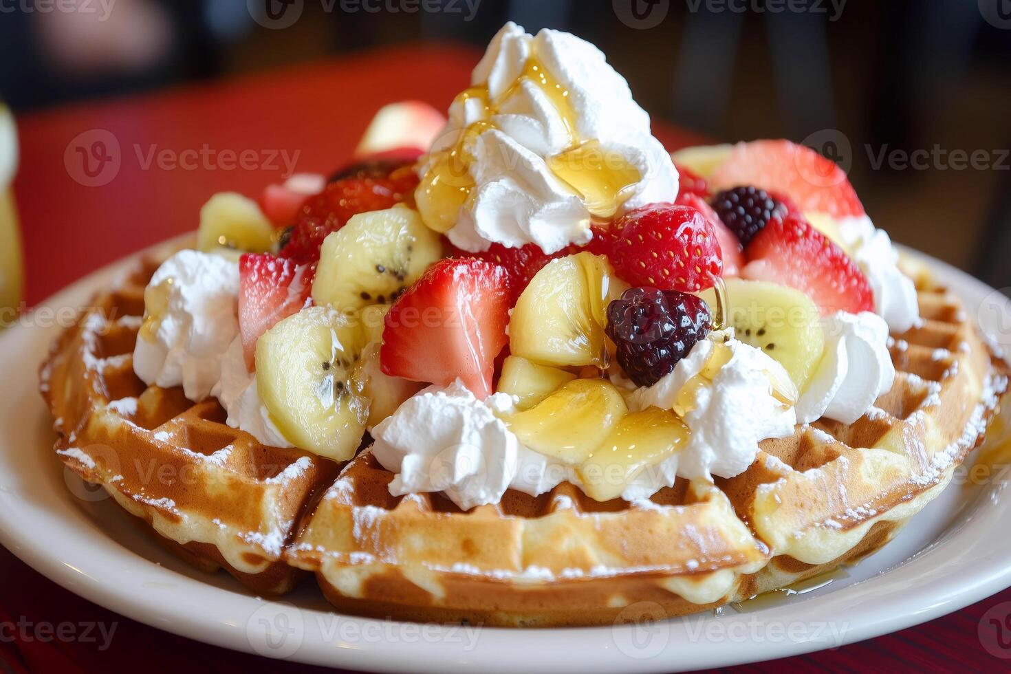 Tasty golden waffles with whipped cream and berries photo