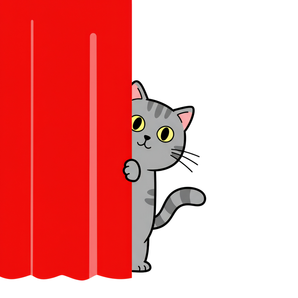 Curious Gray Tabby Cat Peeking Behind Red Curtain png
