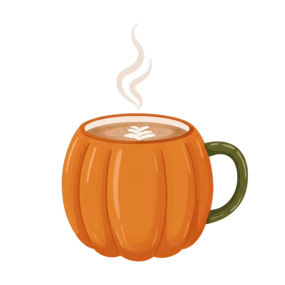Cozy Autumn Pumpkin Coffee Cup with Steaming Latte Art png