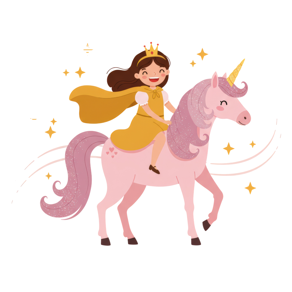 Princess Riding a Pink Unicorn with a Golden Cape png