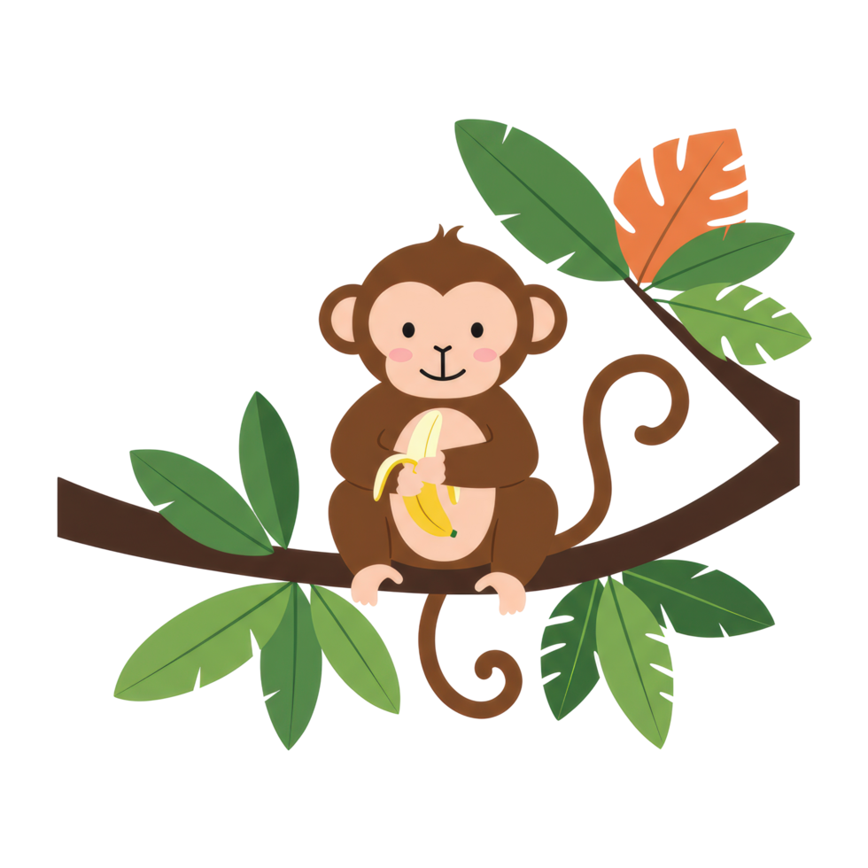 Cute Monkey Sitting on a Tree Branch with a Banana png
