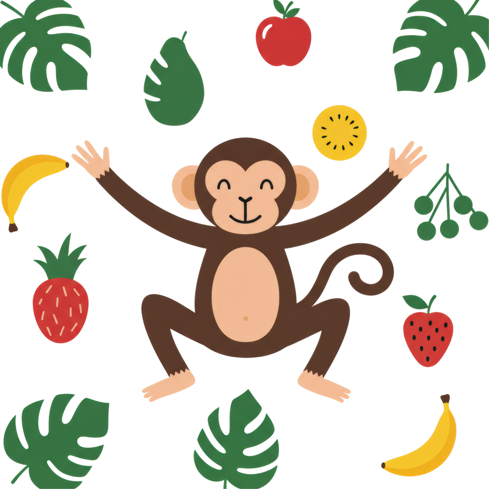 Cute Monkey Clipart with Tropical Fruits and Leaves png