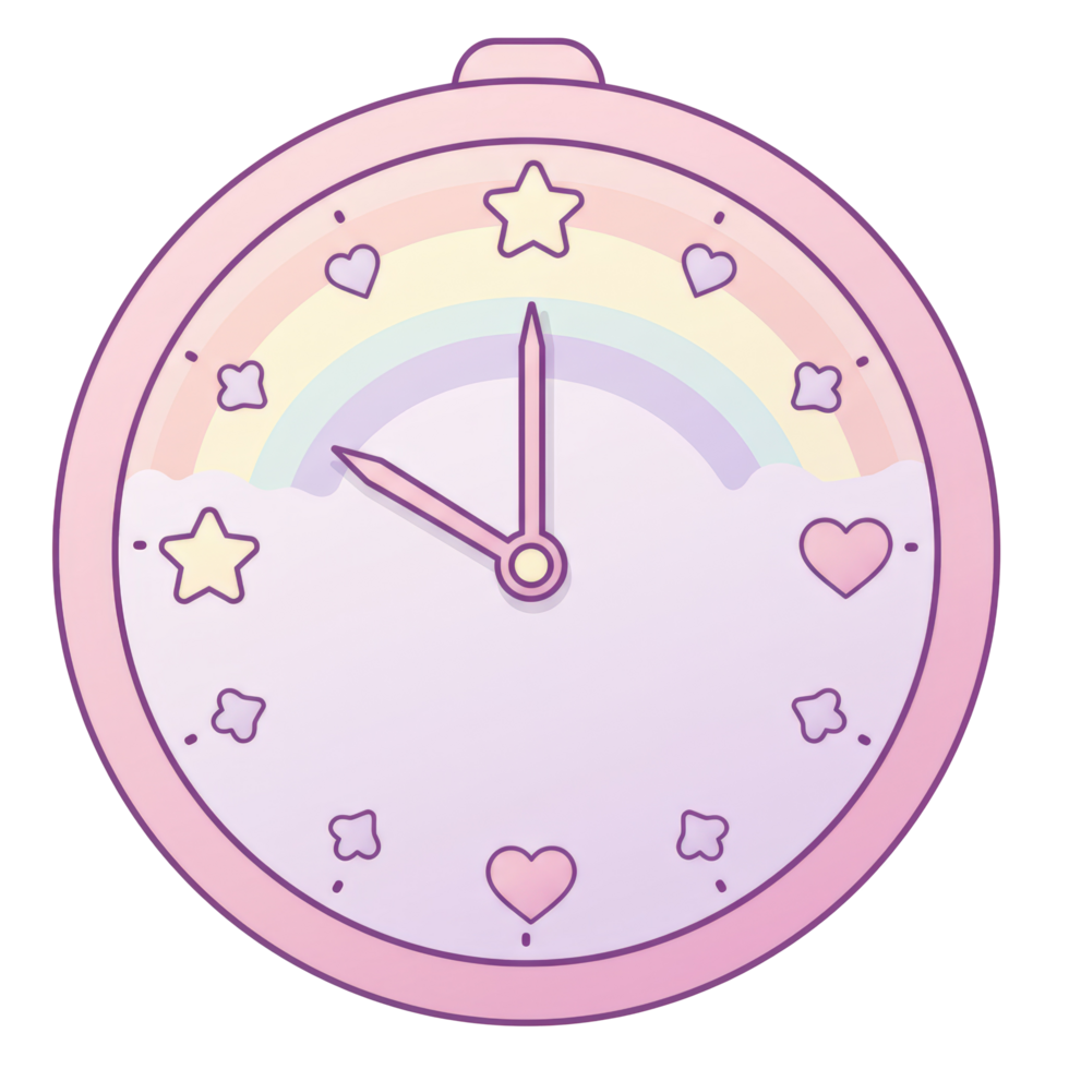 Cute Pastel Rainbow Clock Clipart with Stars and Hearts png