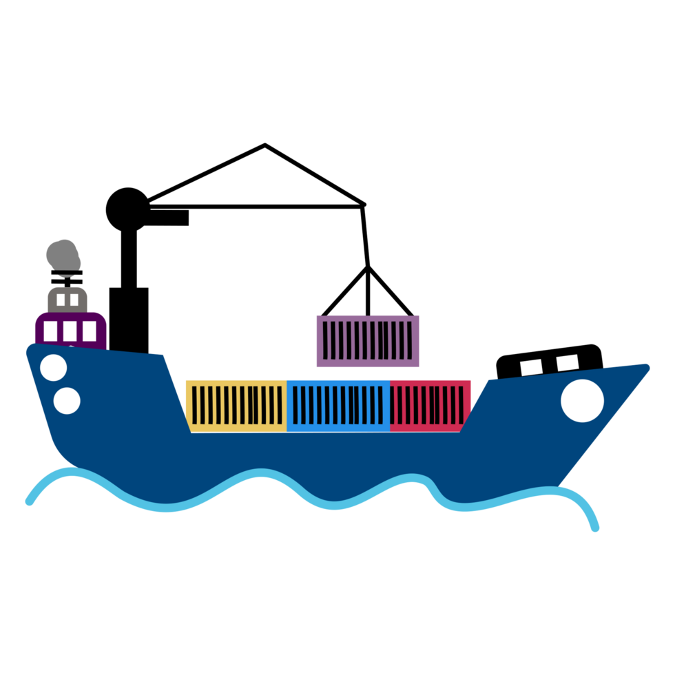 a cargo ship with a crane on it, with a container on top png