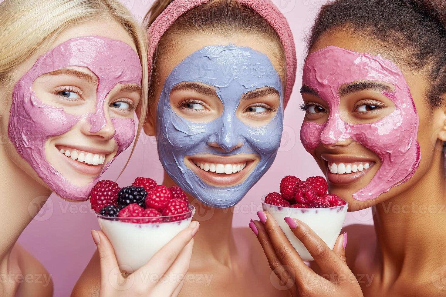 Smiling diverse women enjoying berry yogurt skincare masks and fresh fruit for a glowing beauty routine photo