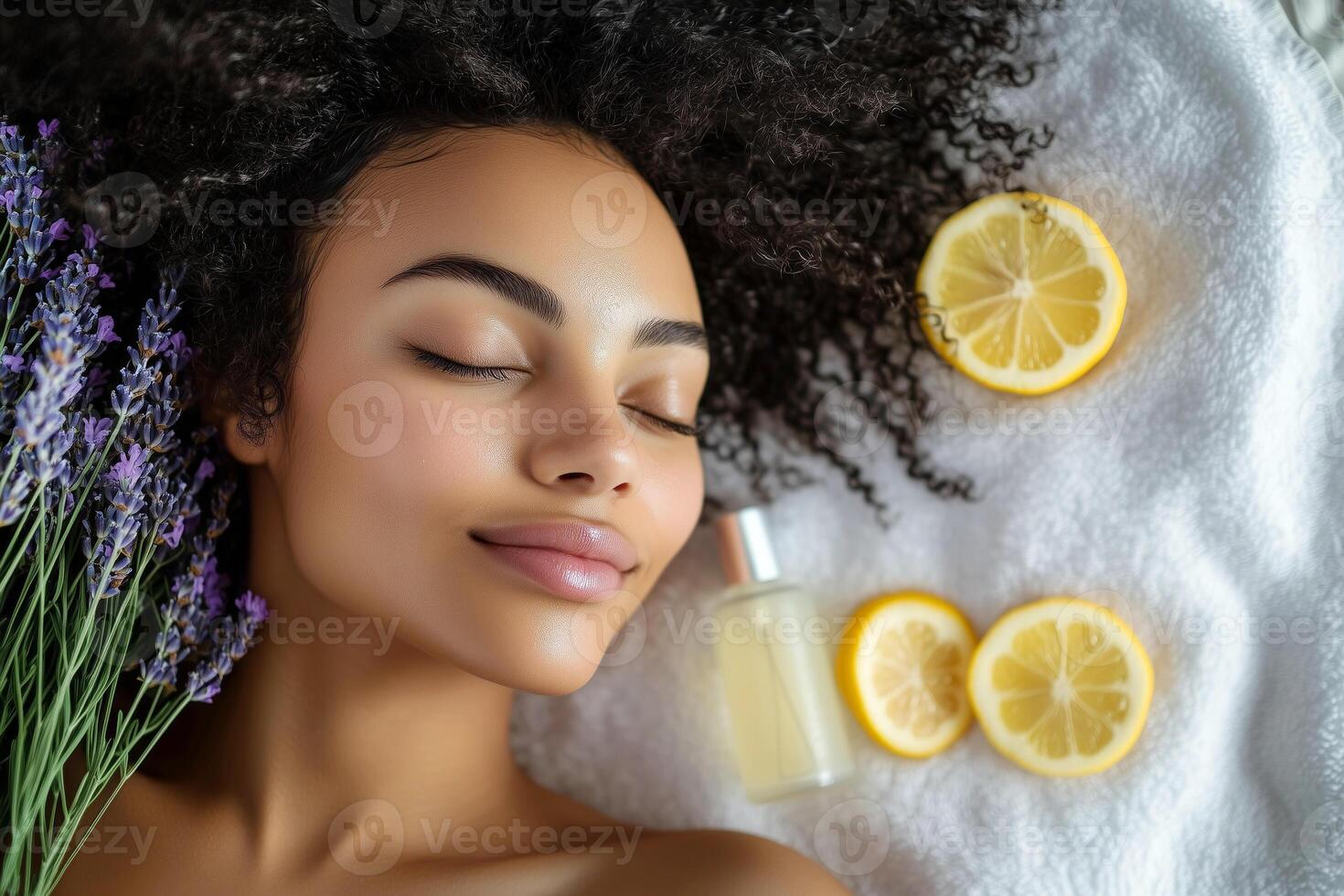 Black woman experiencing a calming skincare routine with lavender and lemon photo