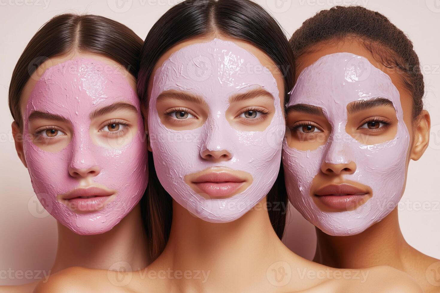Three diverse women with berry facial masks enjoying a spa skincare routine, close-up photo