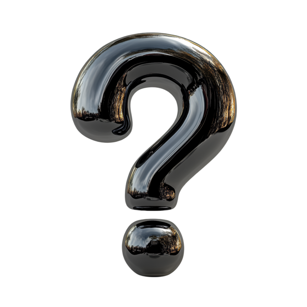 Shiny Black Question Mark Enigma Mystery Inquiry Curiosity Reflective 3D Render, png