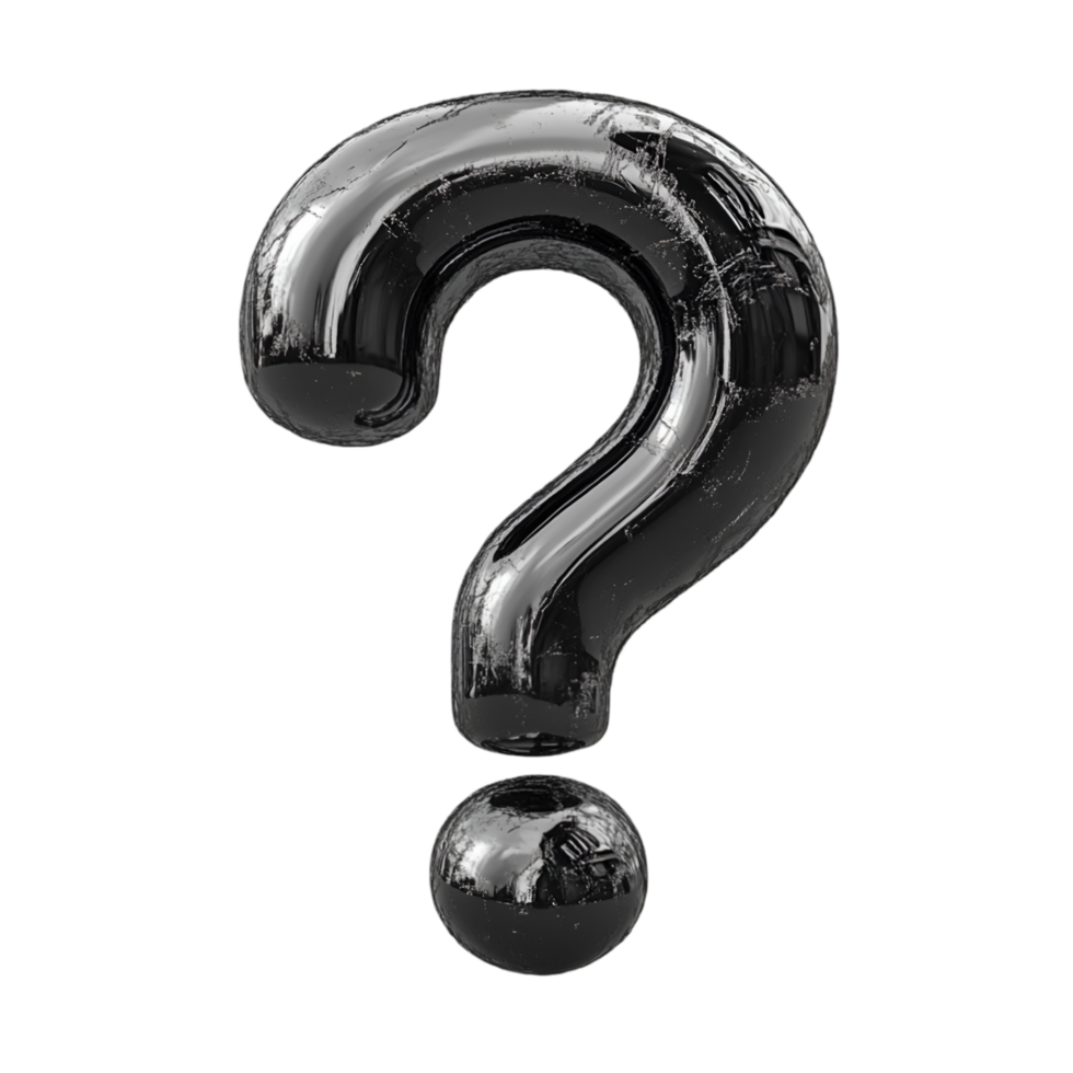 Black glossy question mark symbol 3D render enigma mystery inquiry doubt uncertainty unknown png
