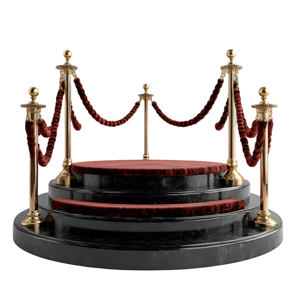 Elegant three-tiered marble podium with red velvet rope stanchions png