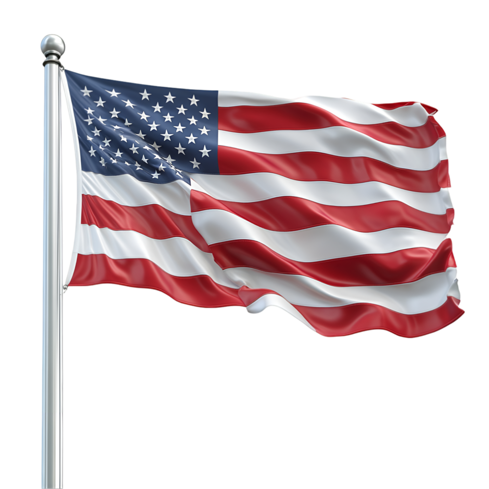 American Flag Waving proudly on a flagpole against png