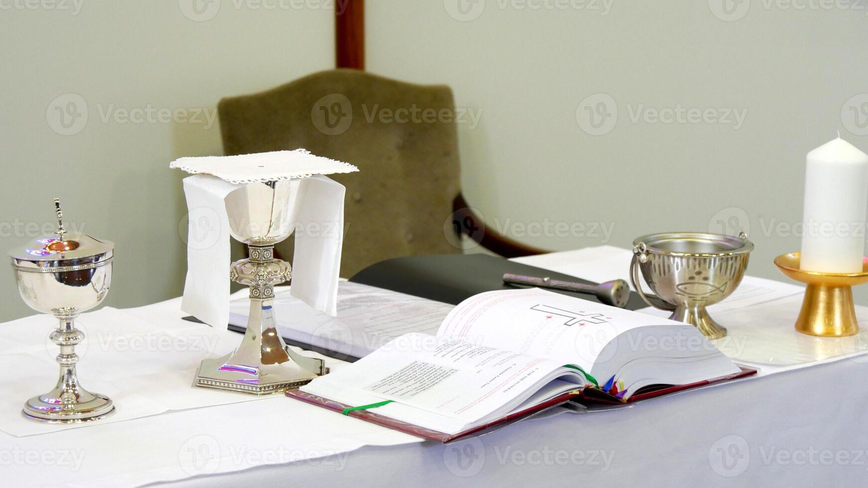 a table with silver and gold items on it photo