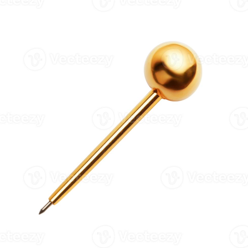 Golden Push Pin on White on transparent background. png