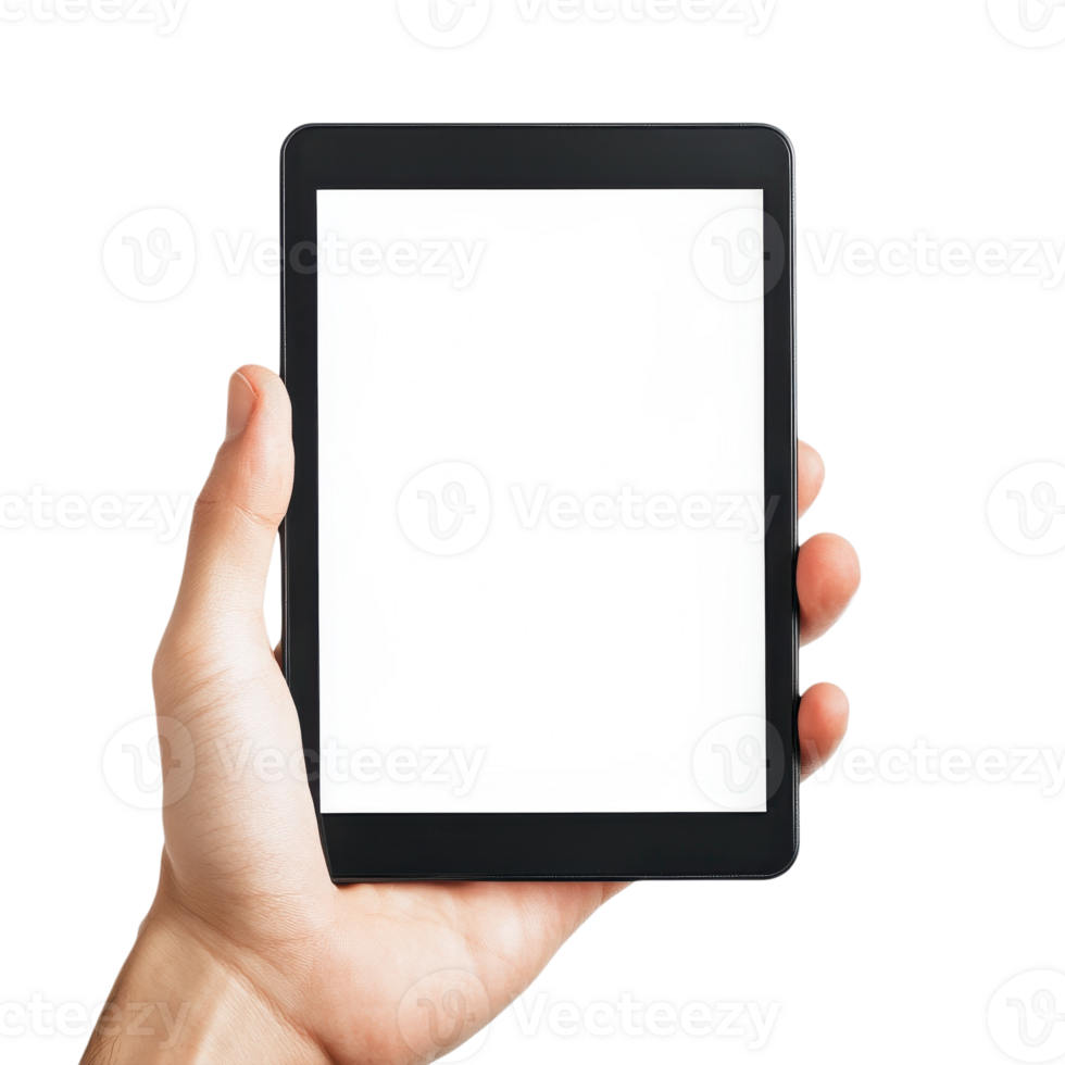 Hand Holding Tablet Blank Display on transparent background. png