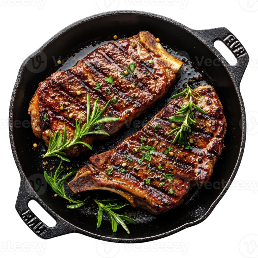 Grilled Meat Herbs Skillet Dish on transparent background. png