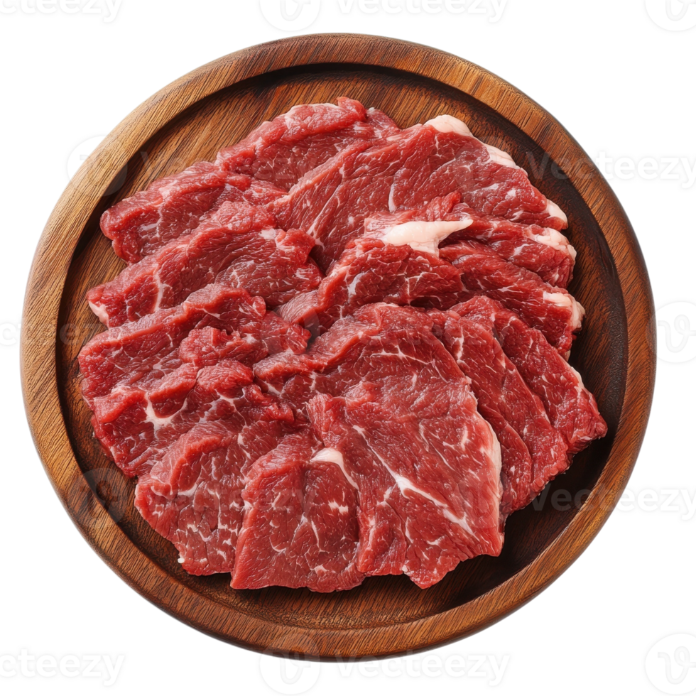 Raw Beef Slices on Wooden Plate on transparent background. png