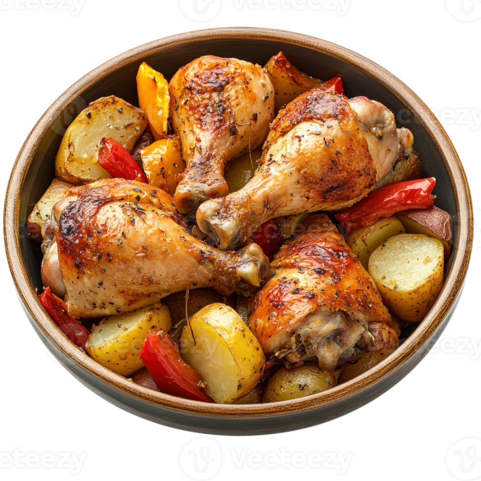 Roasted Chicken Legs with Potatoes on transparent background. png