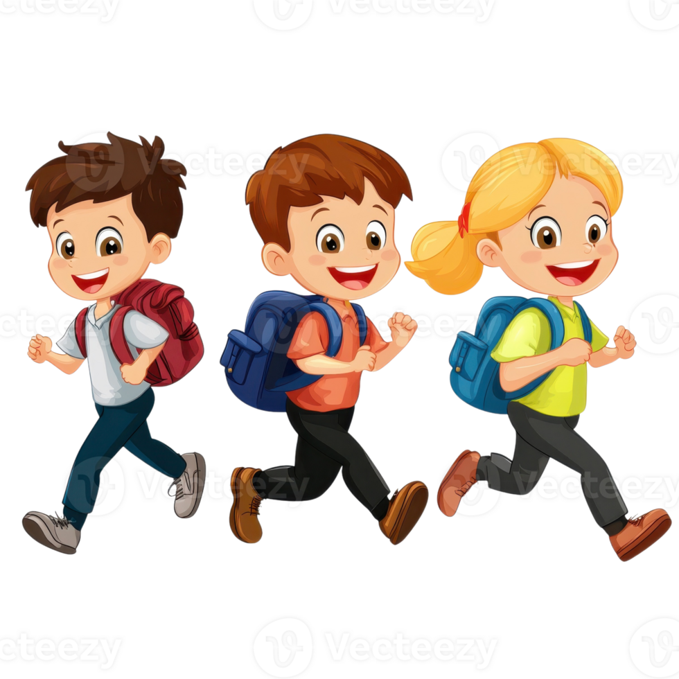 Schoolchildren Running Back to School on transparent background. png