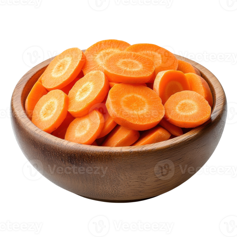 Sliced Carrots in Rustic Bowl on transparent background. png