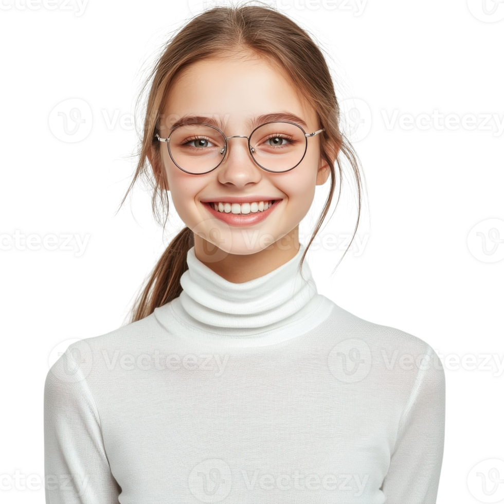Teenage Girl in White Turtleneck on transparent background. png