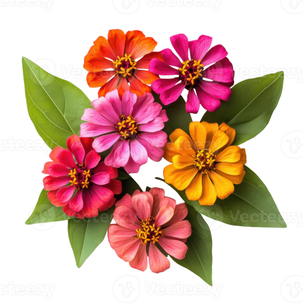 Vibrant Zinnia Flowers Summer Bouquet on transparent background. png