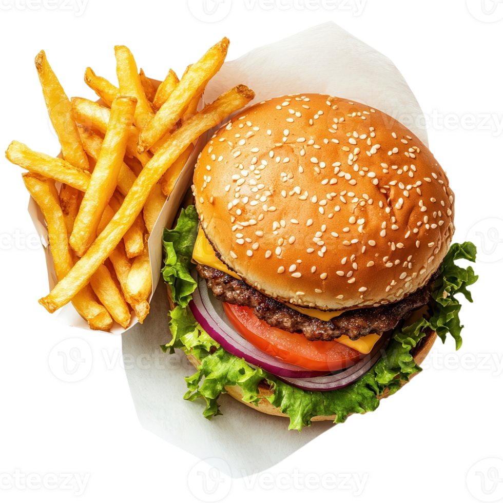 Delicious Burger Fries Indulgence on transparent background. png