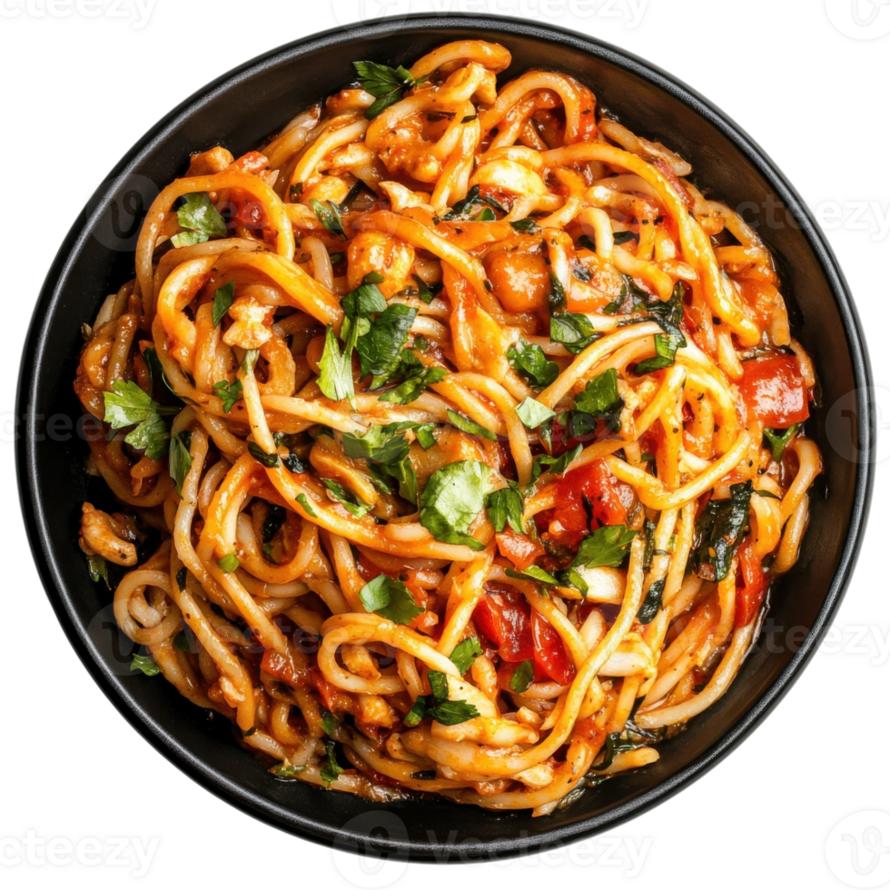 Delicious Bigoli Pasta on Dark Platter on transparent background. png