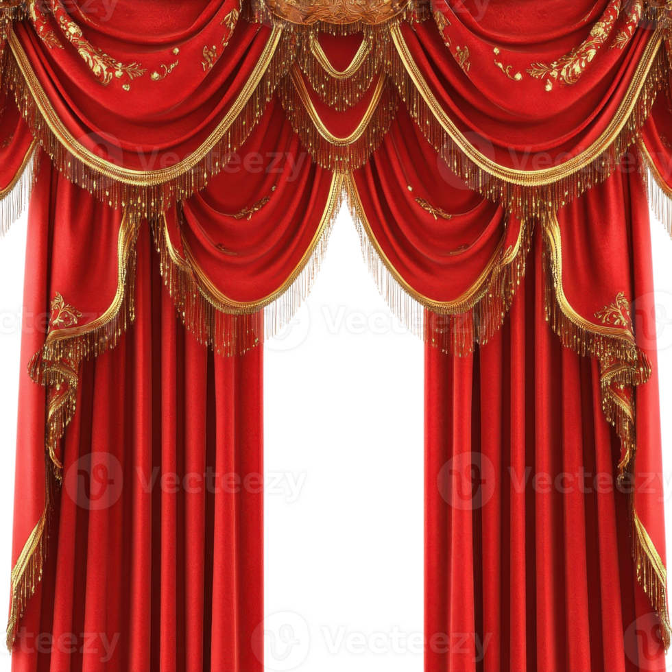 Luxurious Red Shimmering Curtain on transparent background. png