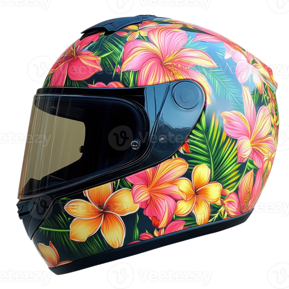 Floral Motorcycle Helmet Design on transparent background. png