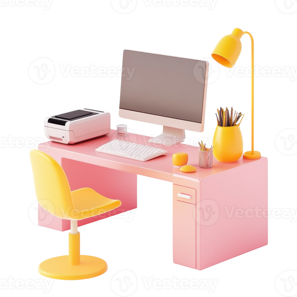 Pink Desk Computer Workspace on transparent background. png