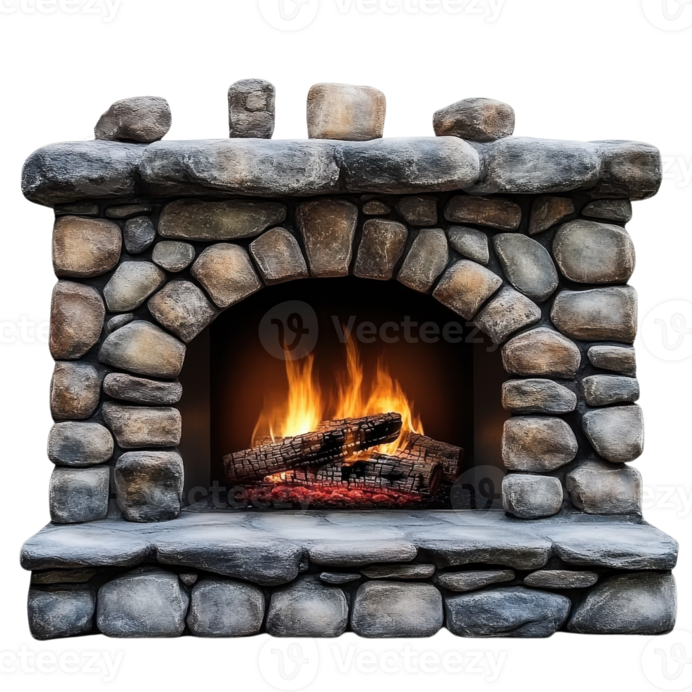 Rustic Stone Fireplace with Flames on transparent background. png