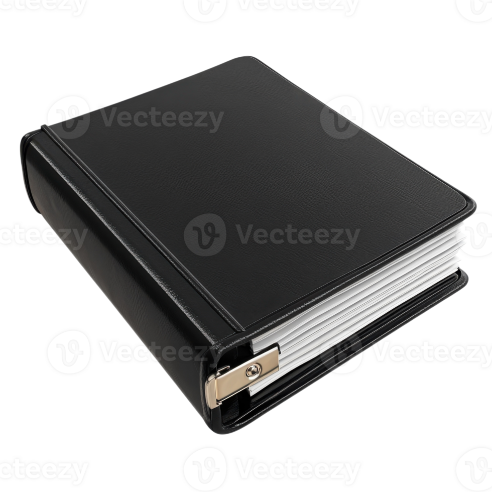 Black Binder Filled with Documents on transparent background. png