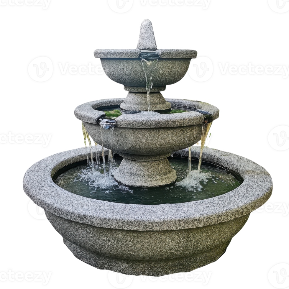Serene Stone Fountain Cascading Water on transparent background. png