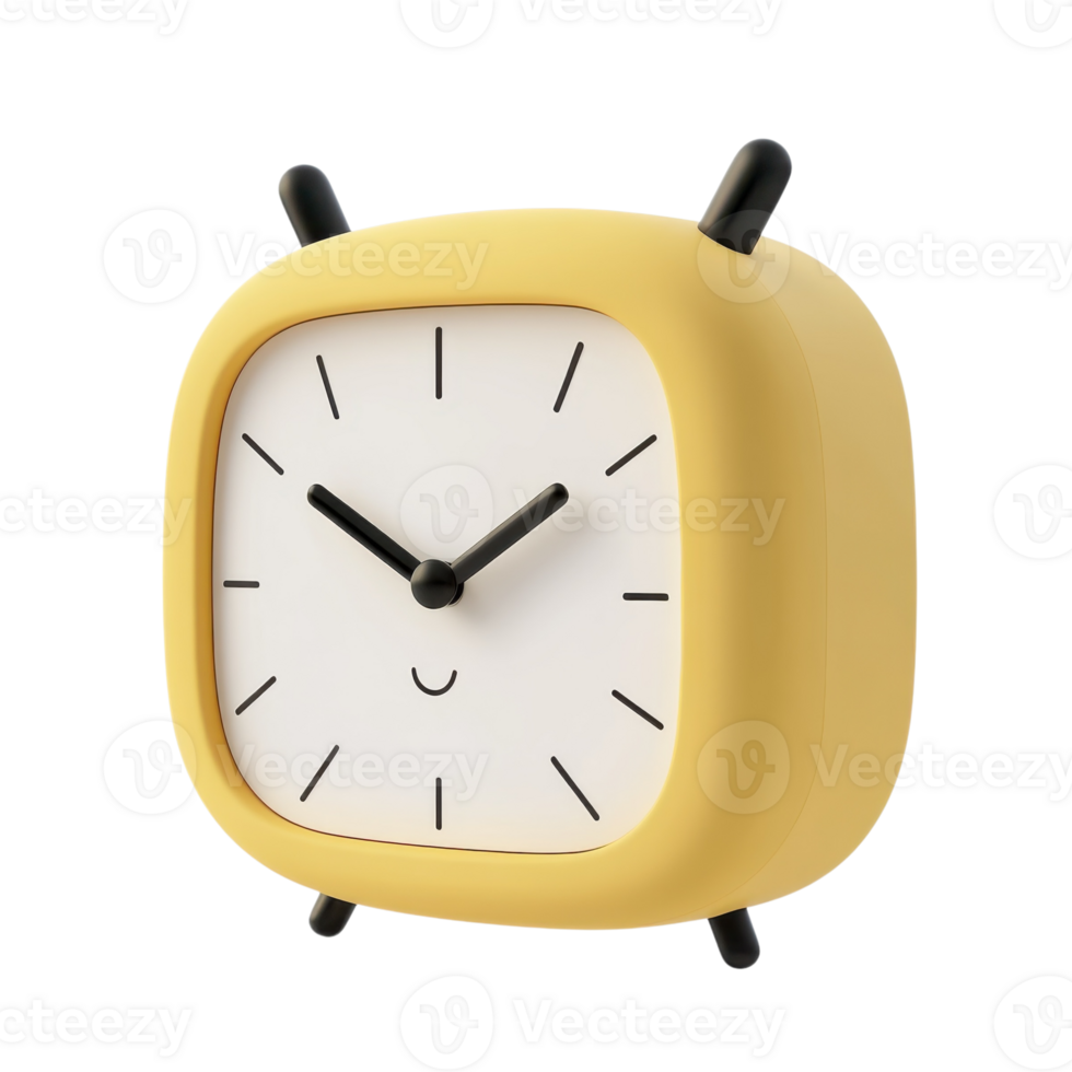 Yellow 3D Cartoon Alarm Clock on transparent background. png