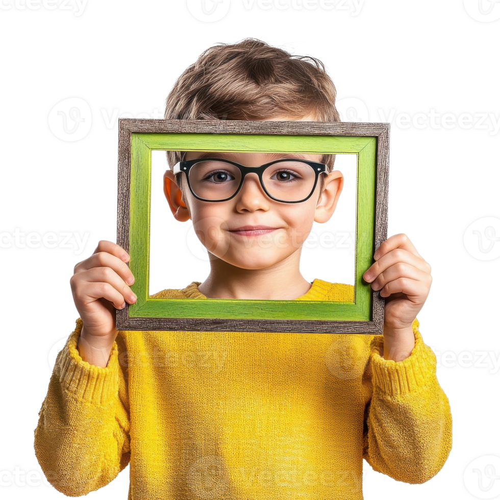 Boy with Glasses Holds Frame on transparent background. png
