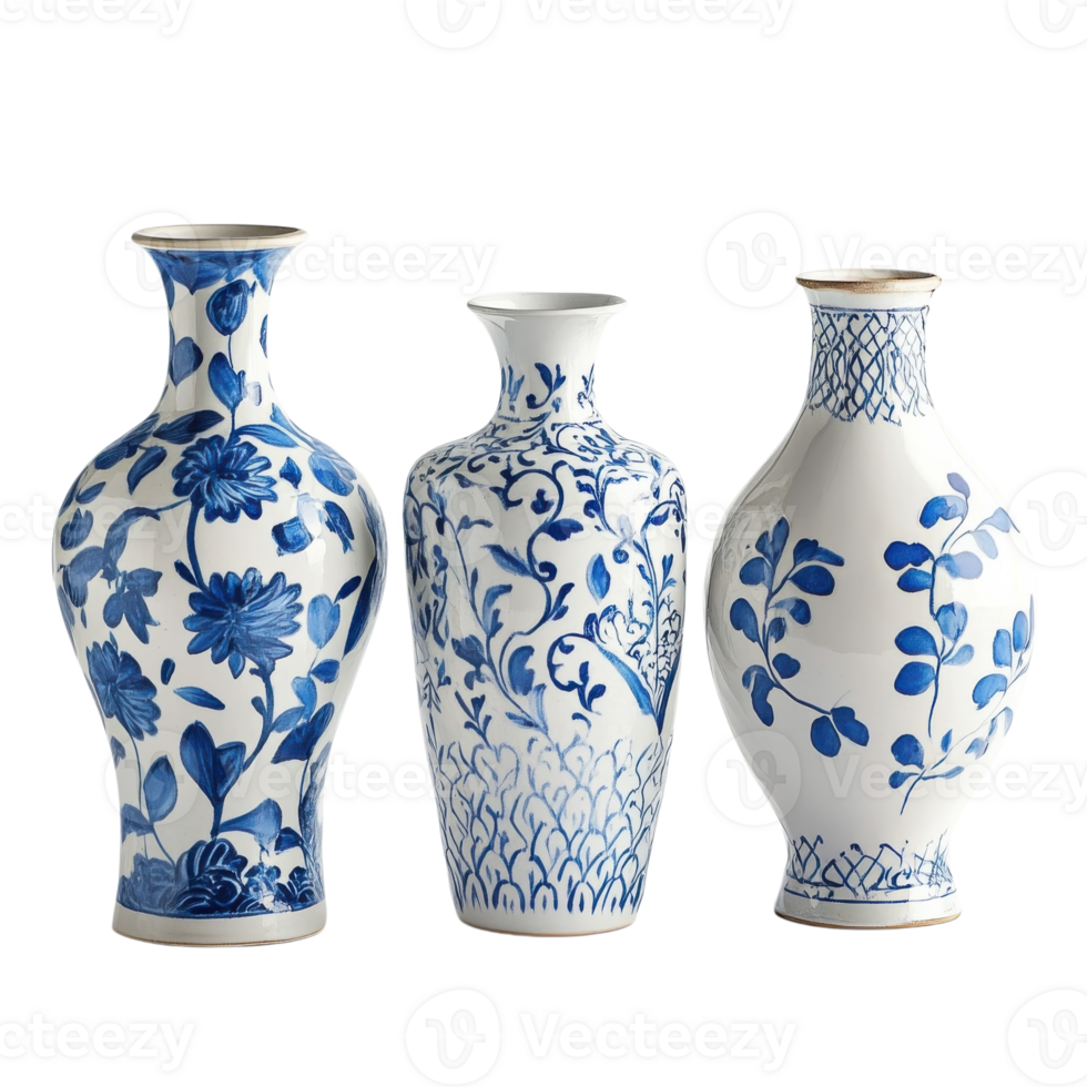 Blue White Decorative Vases on transparent background. png
