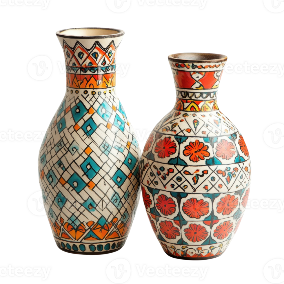 Geometric Pattern Ceramic Vases on transparent background. png