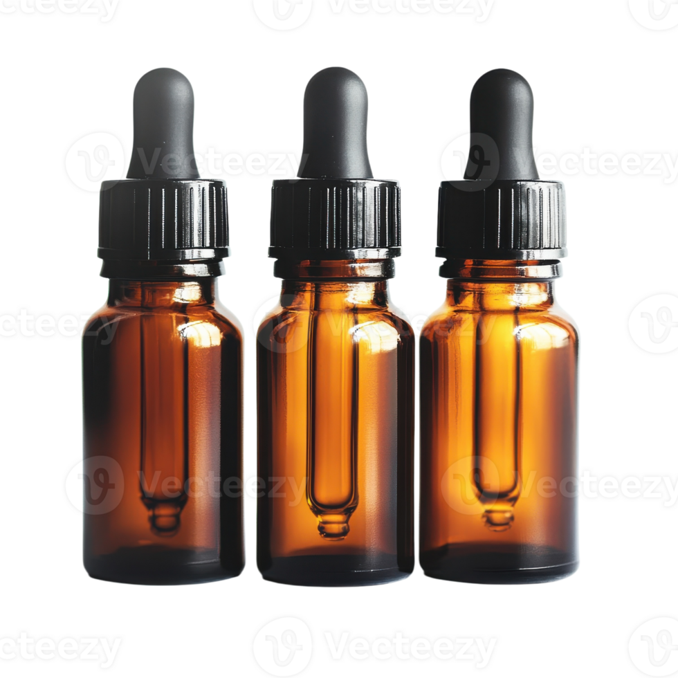 Amber Glass Dropper Bottles Mockup on transparent background. png