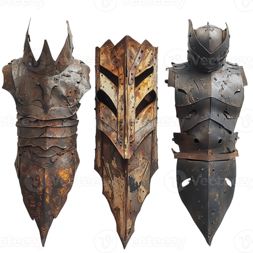 Ancient Weathered Metal Armor on transparent background. png