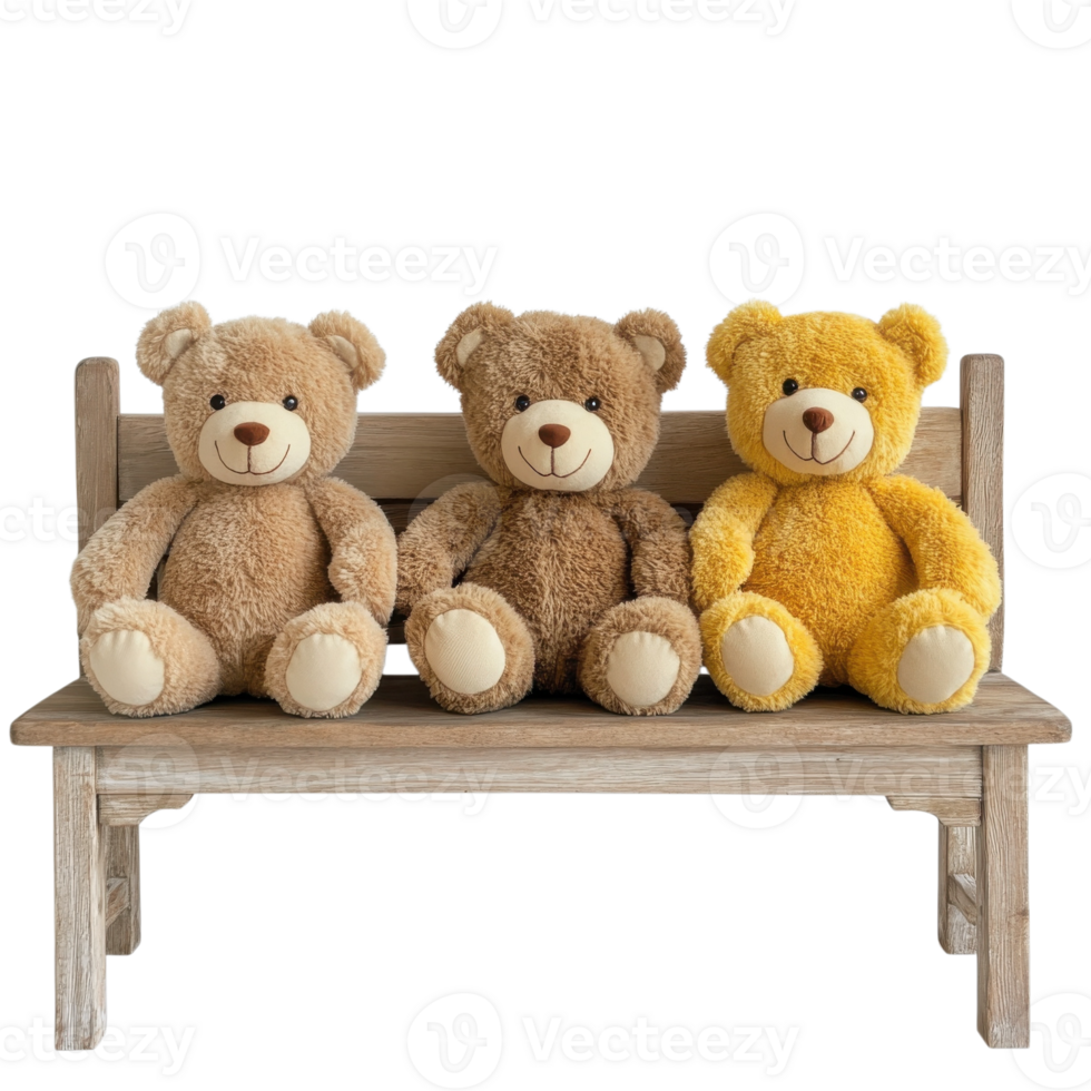 Adorable Teddy Bears on Bench on transparent background. png