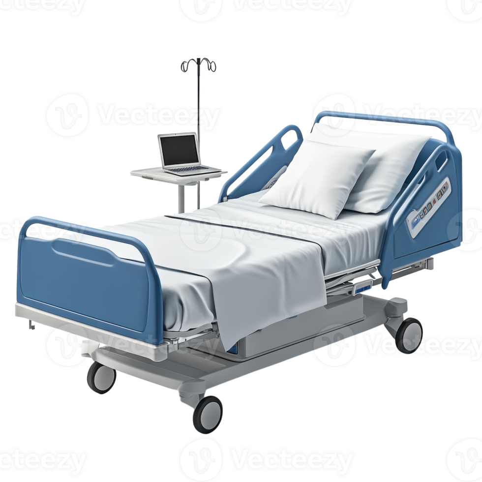 Hospital Bed 3D Rendering Blue on transparent background. png
