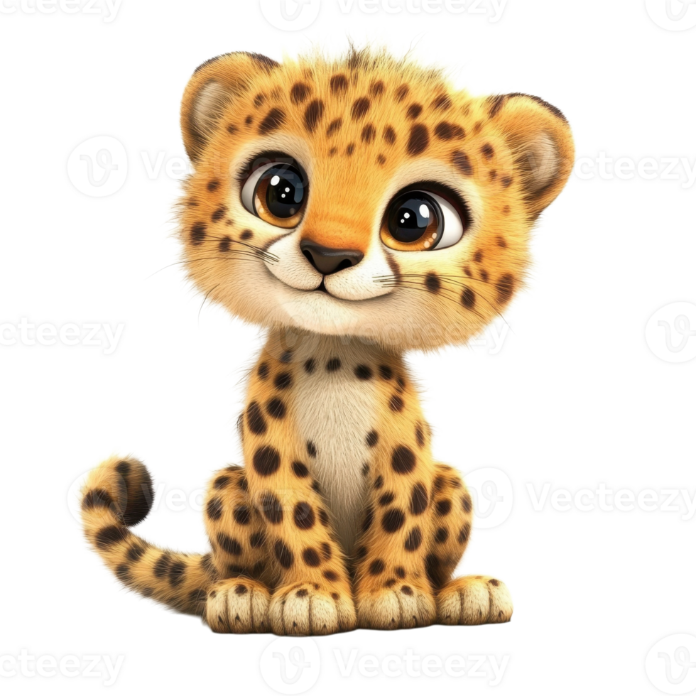 Adorable 3D Cartoon Cheetah Cub on transparent background. png
