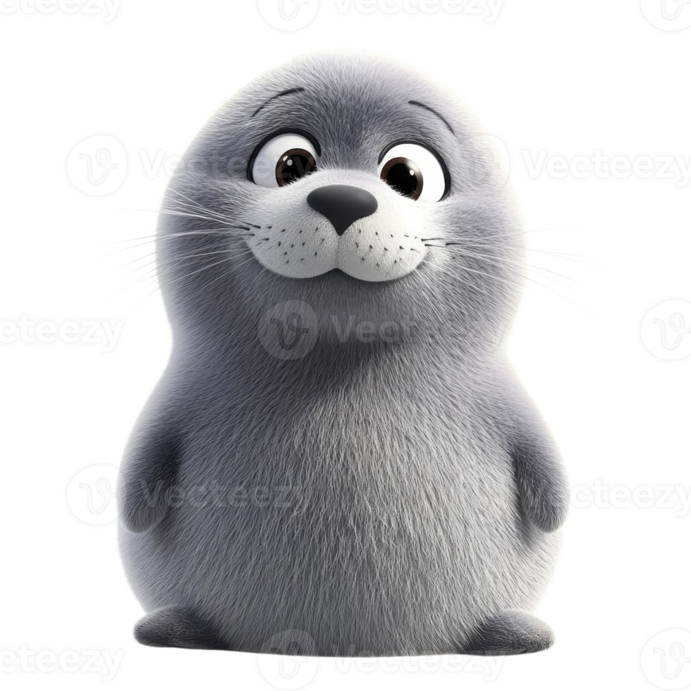 Fluffy Cartoon Seal 3D Render on transparent background. png
